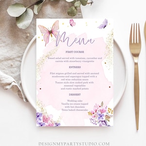 Cartão de menu de borboleta editável aniversário rosa ouro confete chá festa aniversário chá de bebê roxo ouro baixar modelo corjl para impressão 0437