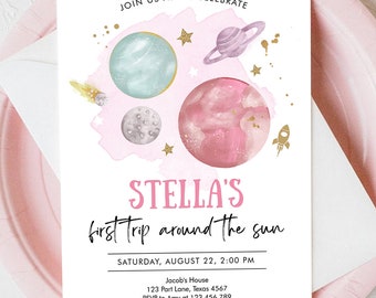 Editable Outer Space Girl First Birthday Invitation Galaxy Blast Off First Trip Around the Sun Pink Digital Download Template Printable 0357