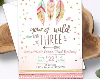 Editable Young Wild and Three Invitation Girl Pink and Gold 3rd Birthday Three Third Boho Digital Download Evite Template Printable 0073