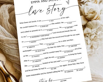 Bewerkbaar liefdesverhaal grappig vrijgezellenfeest spel minimalistische moderne bruiloft activiteit paren bruiloft activiteit digitale sjabloon afdrukbare 0493