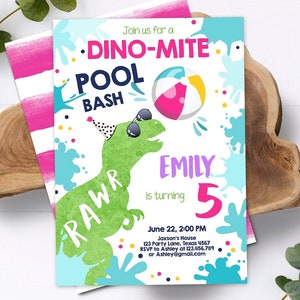 Editable Dinosaur Pool Party Birthday Invitation Dino-Mite Summer Splish Splash Dino T-Rex Girl Digital Download Template Printable 0305