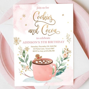 Editable Cookies and Cocoa Invitation Hot Cocoa Party Hot Chocolate Christmas Birthday Girl Pink Gold Digital Evite Template Printable 0353