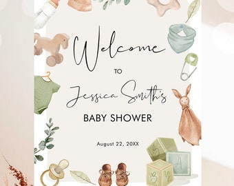 Bearbeitbares Boho Baby Shower Willkommensschild Junge Baby Shower Neutral Baby Kleidung Rustikal Grün Salbei Grün Digitale Vorlage Printable 0470