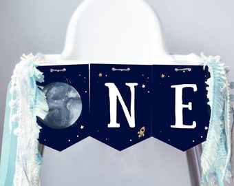 Outer Space Planets High Chair Banner Silver Astronaut Rocket 1st First Birthday Boy High Chair ONE Banner Party Digital Printable 0357