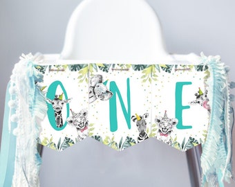 Kinderstoel banner safari dieren jongen feestbeesten Wild One verjaardag jongen dierentuin decoraties ONE banner blauw digitale download afdrukbare 0322