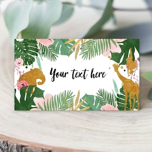 Editable Safari Animals Food Labels Place Card Tent Card Escort Card Girl Pink Gold Jungle Zoo Wild One Digital Download Corjl Template 0016