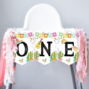 Faixa para Cadeirão de Festa Mexicana, Decoração para Festa de 1 Ano, Primeiro Aniversário de Menina, Decoração para Festa Mexicana com Cactos, Download Digital Instantâneo para Impressão 0161