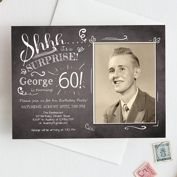 Editable Surprise Birthday Invitation Chalk Rustic Adult 60th Sixty Vintage Party Photo Shhh Digital Download Template Printable 0102