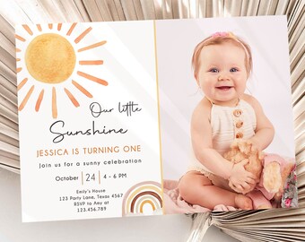 Editable Our Little Sunshine Birthday Invitation 1st Sunshine Birthday Party Neutral Boho Digital Download Evite Template Printable 0431