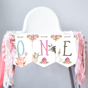 Banner de animales de granja para silla alta de niña, banner rosa de granja para el primer cumpleaños, banner de silla alta con el número uno, banner de granja para el primer cumpleaños, descarga digital imprimible 0155