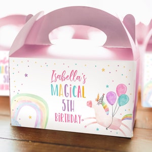 Etiquetas editables para cajas de regalo de fiesta de cumpleaños de unicornio, etiquetas mágicas para cajas de regalo de unicornio, plantilla digital imprimible en rosa pastel para niña 0336