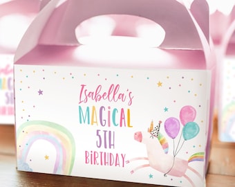 Editable Unicorn Birthday Party Gable Box Favor Label Magical Unicorn Gift Box Labels Girl Pink Pastel Digital Template Printable 0336