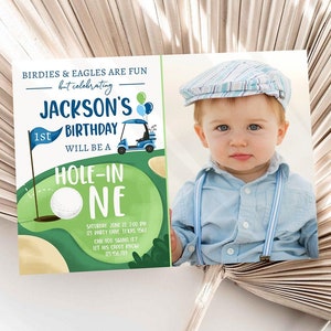 Editable Hole in One Birthday Invitation Golf First Birthday Par-tee Golf Invite Boy Golfing Digital Download Evite Template Printable 0405