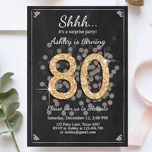 Invitación de cumpleaños sorpresa editable para cualquier edad, para adultos, fiesta de 80 años, rústica, tiza, negro, dorado, brillante, descarga digital, plantilla imprimible 0103
