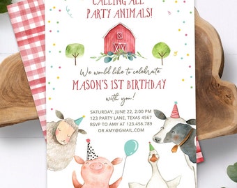 Editable Farm Animals Birthday Invitation Boy Farm Barnyard First Birthday Party Animals Confetti Digital Evite Template Printable 0155