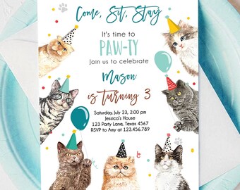 Editable Cat Birthday Party Invitation Kitten Birthday Invite Blue Boy Kitty Cat Pet Cute Digital Download Evite Template Printable 0384