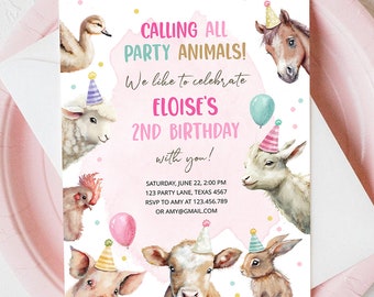 Editable Farm Animals Birthday Invitation Girl Farm Barnyard First Birthday Party Animals Confetti Digital Download Template Printable 0448