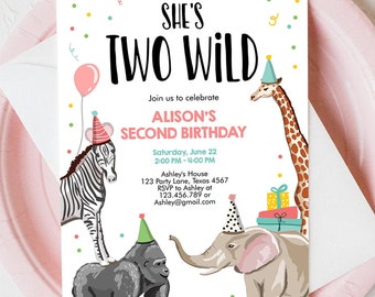 Editable Two Wild Birthday Invitation Girl Second 2nd Birthday Safari Party Animals Pink Zoo Digital Download Evite Template Printable0142
