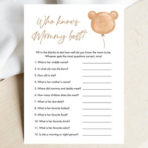 Modificabile Chi conosce la mamma Il miglior gioco per baby shower Orso moderno Orsetto carino Baby Shower Boho Bearly Wait Game Modello digitale stampabile 0439