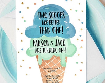 Editable Twin Ice Cream Birthday Invitation First Birthday Two is Better Than One Yellow Mint Joint Boy Blue Digital Template Printable 0243