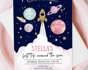 Editable Outer Space Girl First Birthday Invitation Galaxy Blast Off First Trip Around the Sun Pink Digital Evite Template Printable 0357