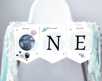 Outer Space Planets High Chair Banner Astronaut Rocket 1st First Birthday Boy High Chair ONE Banner Digital Download Template Printable 0366