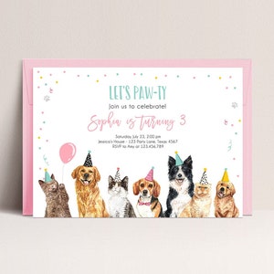 Editable Cats and Dogs Birthday Invitation Cat Dog Birthday Party Invite Girl Kitten Puppy Pawty Download Printable Template Corjl 0384