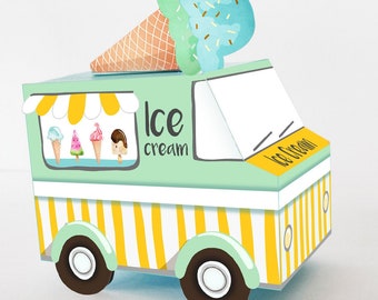 Ice Cream Birthday Ice Cream Party Favor Box Ice Cream Centerpieces Decor Decorations Truck Neutral Mint Blue Digital Printable 0243