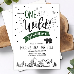 Editable A Onederful Wild Adventure First Birthday Invitation Wild Boy Mountains Bear Outdoor Hunter Green Digital Download Template 0083