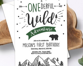 Editable A Onederful Wild Adventure First Birthday Invitation Wild Boy Mountains Bear Outdoor Hunter Green Digital Download Template 0083