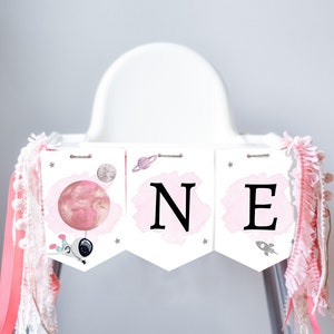 Outer Space Planets High Chair Banner Astronaut Rocket 1st First Birthday Girl Pink High Chair ONE Banner Party Decor Digital Printable 0366