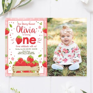 Editable Strawberry Birthday Invitation Girl First Birthday Berry Sweet Pink Download Printable Invitation Template Digital Corjl 0091 image 1