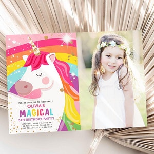 Editable Unicorn Birthday Invitation Magical Unicorn Party Girl Pink Gold Unicorn Invite Rainbow Digital Download Template Printable 0323