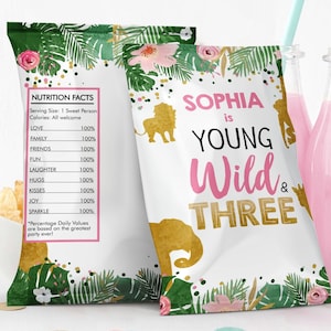Editable Safari Animals Chip Bag Young Wild and Three Party Girl Third Birthday Party Animals Snack Favors Digital Template Printable 0016