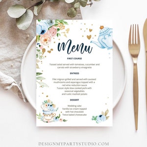 Bearbeitbare Blumentee-Menükarte Tee Geburtstag Blaues Konfetti Blumentee-Babyparty-Baby braut Digital Download Template Printable 0349