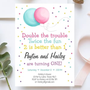 Invitación editable para cumpleaños de gemelos, fiesta de cumpleaños de gemelos, fiesta de hermanos gemelos, niño y niña, descarga digital, plantilla imprimible