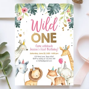 Editable Wild One Birthday Invitation Girl Safari Animals Invite Pink and Gold Party Animals Digital Download Evite Template Printable 0163