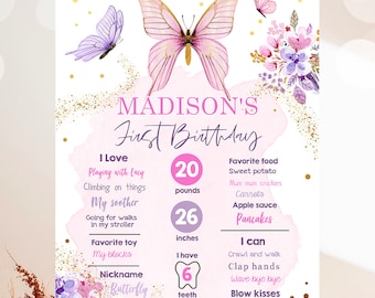 Editable Butterfly Birthday Milestones Sign Garden 1st Birthday First Birthday Girl Pink Purple Download Digital Template Printable 0437