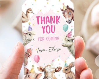 Editable Farm Animals Favor Tag Pink Farm Birthday Thank You Gift Barnyard Girl Birthday Party Animals Digital Template Printable 0448