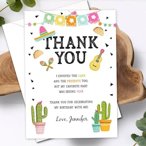 Bewerkbare Taco Fiesta Bedankkaart verjaardagsfeestje baby bruids douche cactus sappig Mexicaans groen roze digitale sjabloon afdrukbare 0161