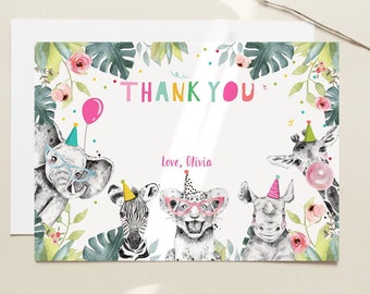 Editable Party Animals Thank You Card Note Wild One Safari Animals Girl Pink Jungle Zoo Safari Party Download Printable Corjl Template 0322