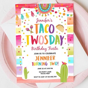 Editable Taco Twosday Fiesta Birthday Invitation Second Birthday 2nd Cactus Mexican Tacos Girl Digital Download Template Printable 0134