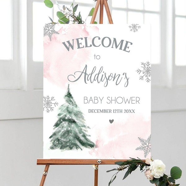 Editable Winter Tree Welcome Sign Tree Watercolor Baby Shower Girl Pink Little Snowflake on the Way Wonderland Corjl Template Printable 0363