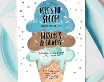 Editable Ice Cream Birthday Invitation First 1st Party Here's the Scoop Cone Blue Mint Chocolate Boy Digital Evite Template Printable 0243