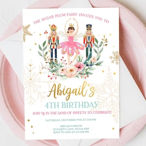 Editable Nutcracker Birthday Invitation Ballet Christmas Birthday Pink Girl Sugar Plum Fairy Digital Download Evite Template Printable 0352