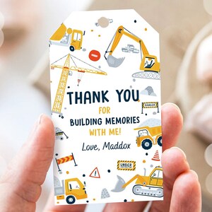 Bearbeitbare Konstruktion Danke Tags Konstruktion Geburtstagsgeschenk Tags Junge Kipper Digger Party Download druckbare Corjl-Vorlage 0458