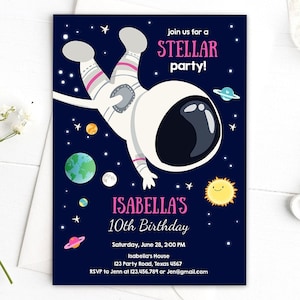 Editable Girl Space Birthday Party Invitation Outer Space Galaxy Planets and Stars Girly Digital Download Evite Template Printable 0259