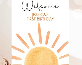 Editable Sunshine Welcome Sign First Trip Around the Sun Birthday Party Boho Gender Neutral Sun Baby Shower Digital Template Printable 0431