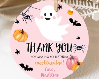 Editable Halloween Birthday Thank You Favor Tag Costume Party Girl Pink Spooktacular Ghost Stickers Digital Download Template Printable 0418