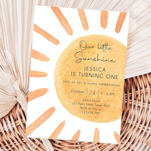 Invito di compleanno modificabile Our Little Sunshine 1a festa estiva Sunshine Neutral Boho Digital Download Evite Template stampabile 0431
